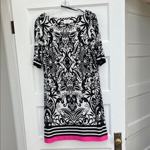 Eliza J Ornate Black and White Midi Dress with Vibrant Pink Accent